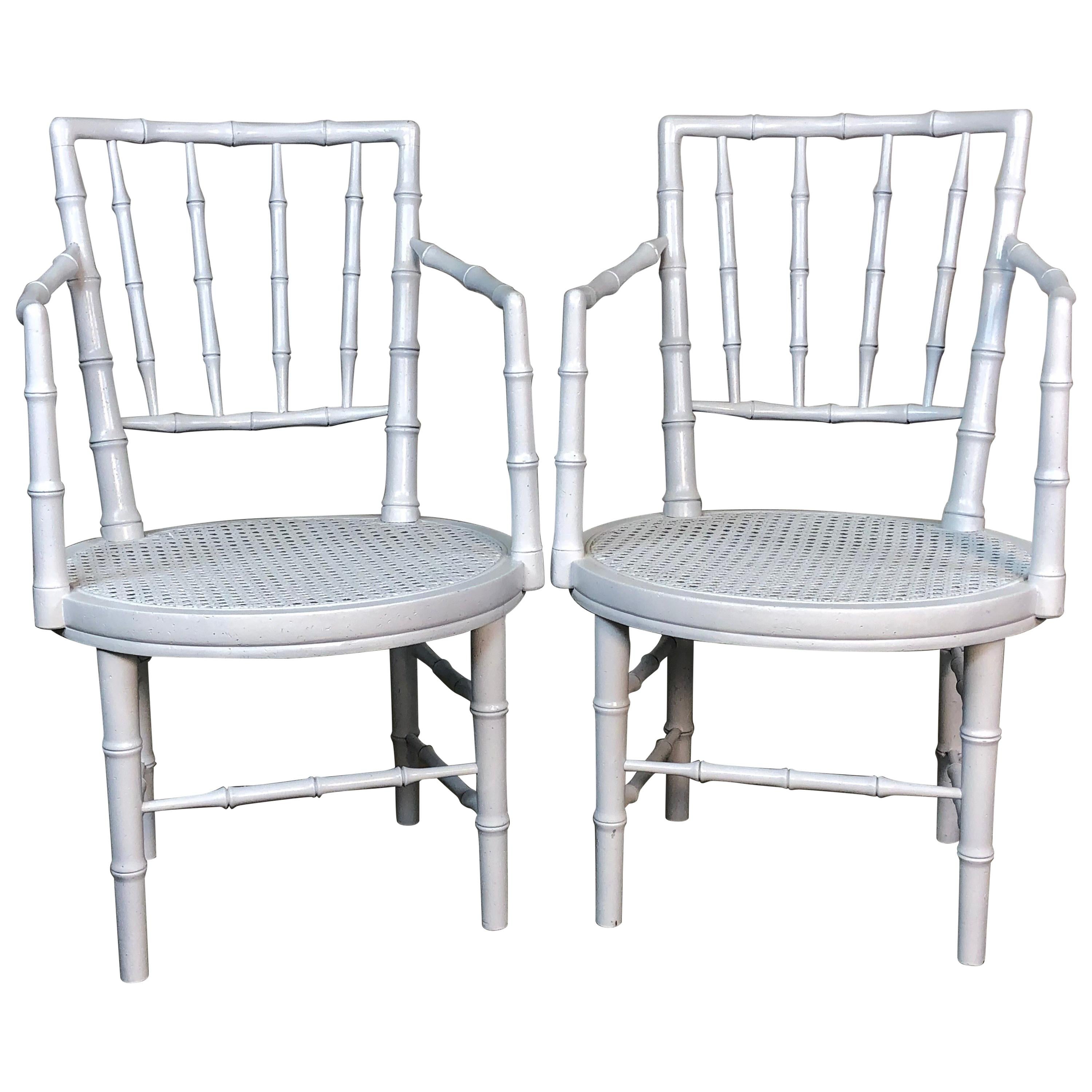 1960s Faux Bamboo Campaign Style White Chairs, Pair For Sale