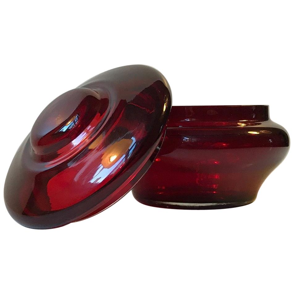 Italian Modern Ruby Red Lidded Jar in Glass by Empoli, 1960s For Sale