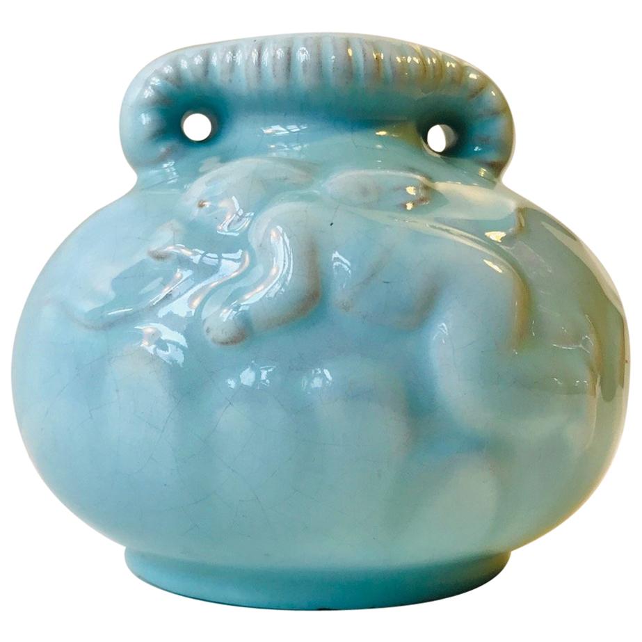 Danish Baby Blue Ceramic Cherub Vase by Michael Andersen, 1940s For Sale