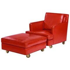 Edward Wormley for Dunbar Patent Cherry Red Leather Armchair & Ottoman, Casters