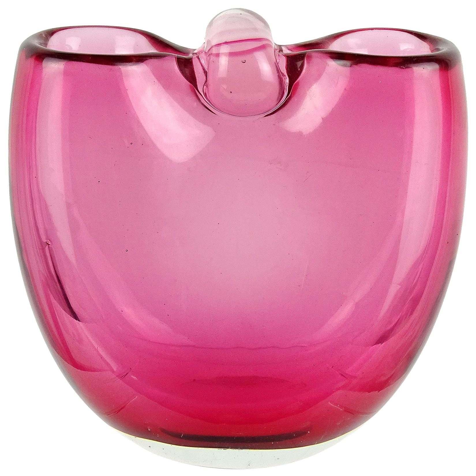 Archimede Seguso 1954 Murano Sommerso Pink Italian Art Glass Basket Flower Vase