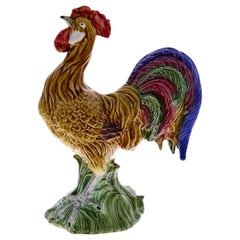 Retro Midcentury Large Portuguese Handcrafted Pottery Majolica Rooster Sculpture