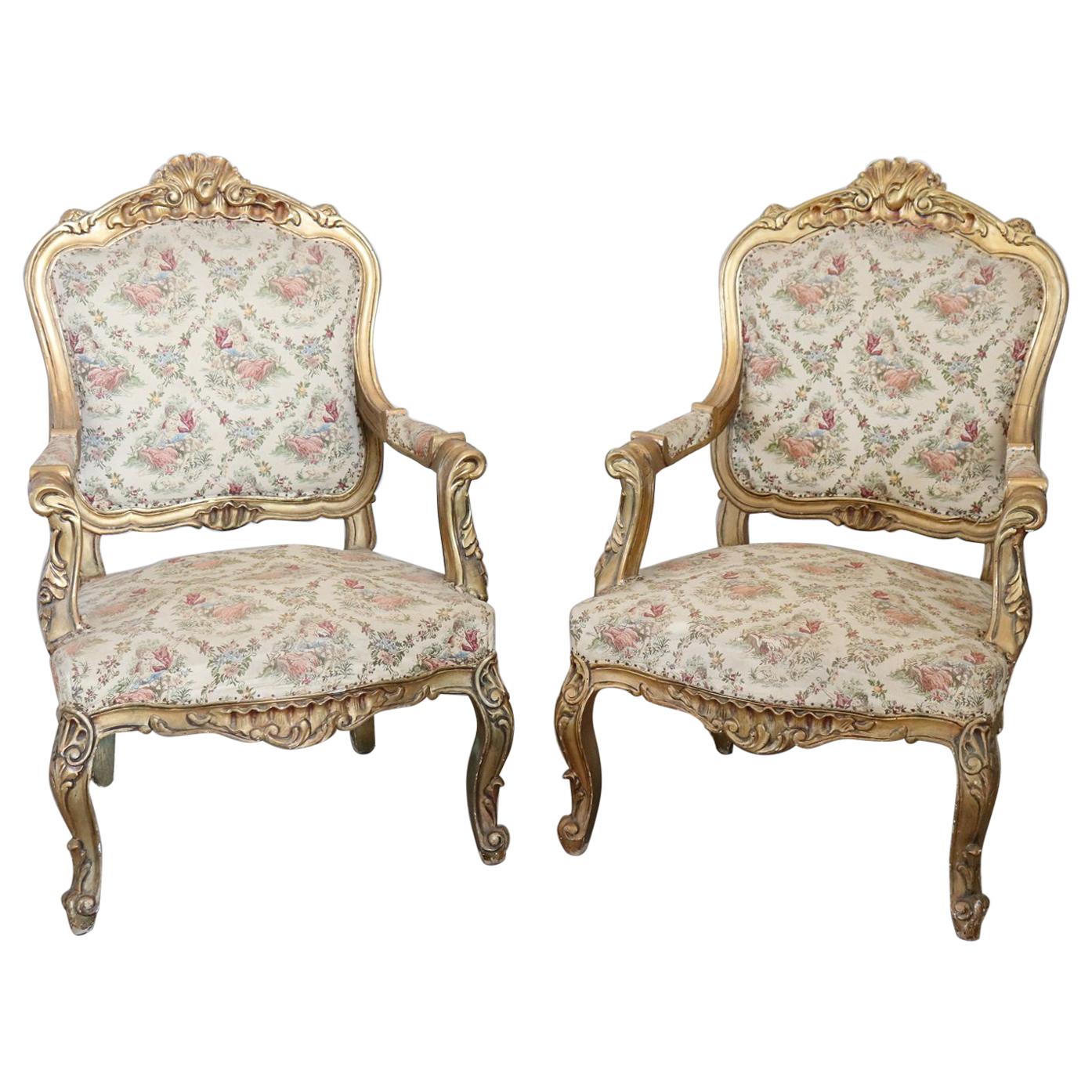 20th Century Italian Baroque Style Gilded Wood Pair of Armchairs