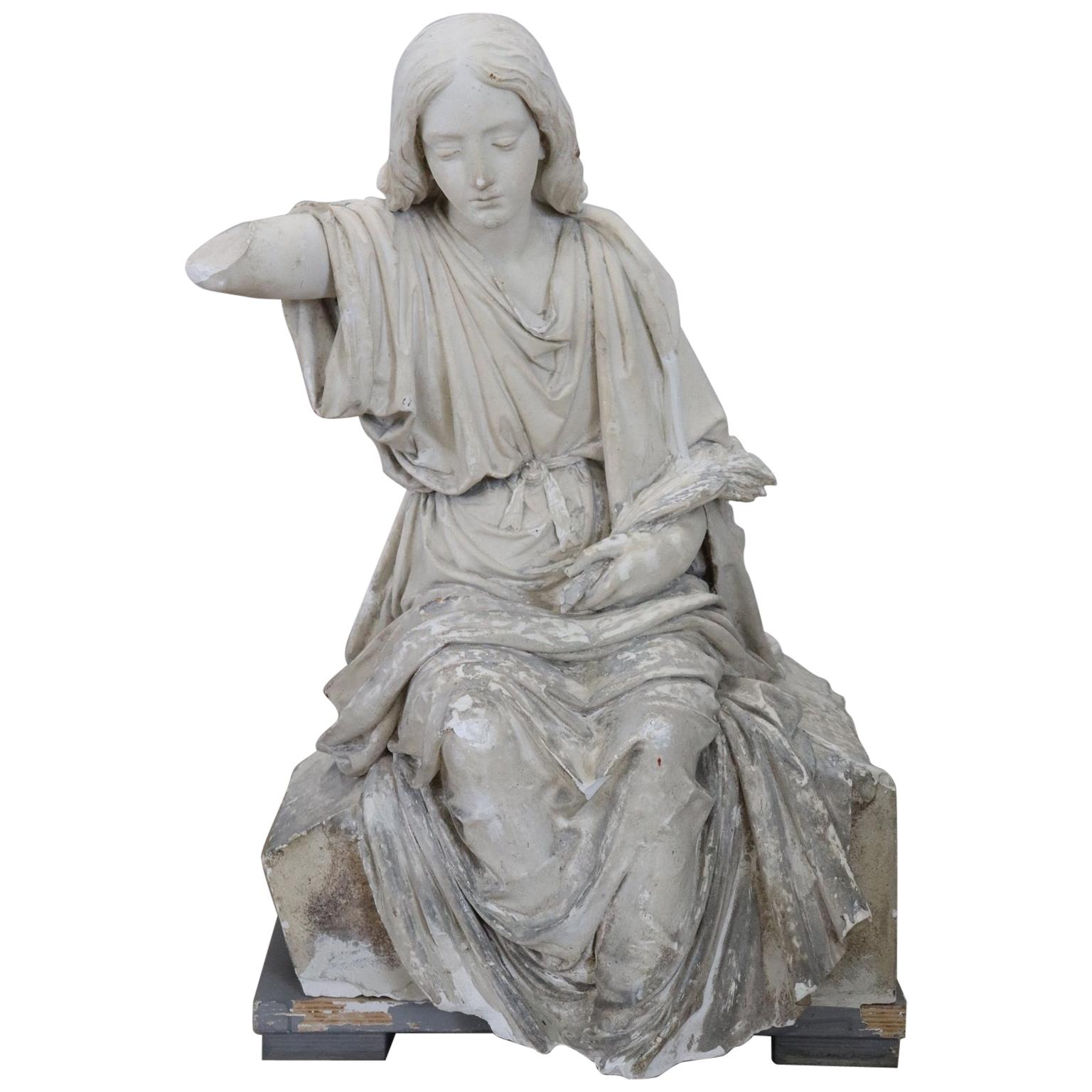 19th Century Italian Sculpture in Plaster Young Girl on a Wooden Base