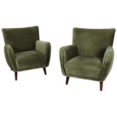 Pair of Olive Green Velvet Upholstered Austrian Armchairs, 1950s