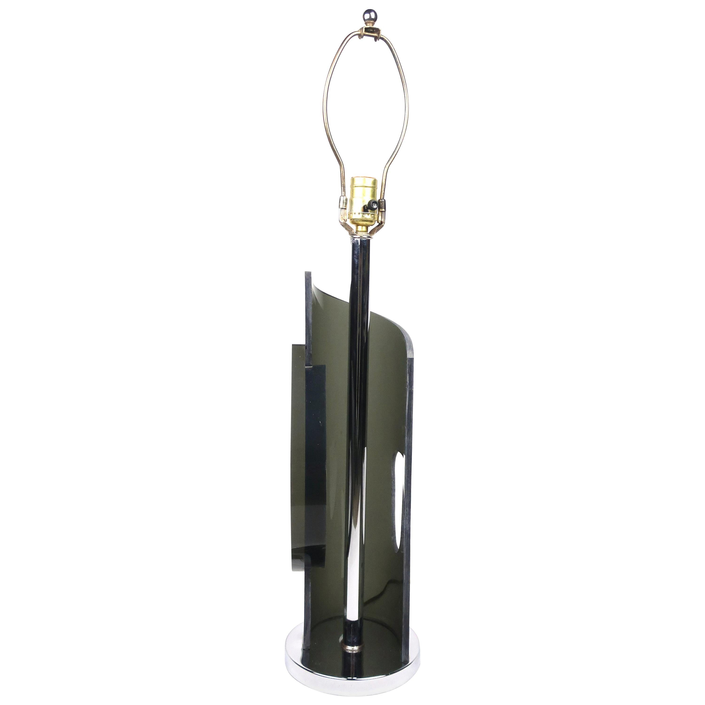 1970s Chrome and Black Laurel Style Lucite Table Lamp