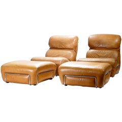 Pair of Leather Armchairs with Ottomans Gianfranco Frattini, 1970s