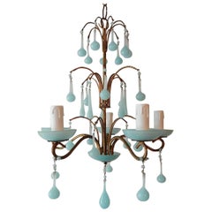 1930 French Blue Opaline Bobeches and Drops Chandelier