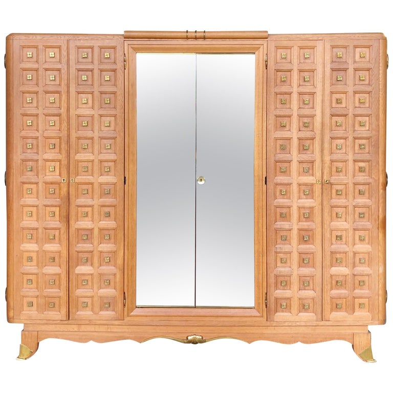 French Art Deco Wardrobe In Solid Oak And Brass 1940s For Sale At