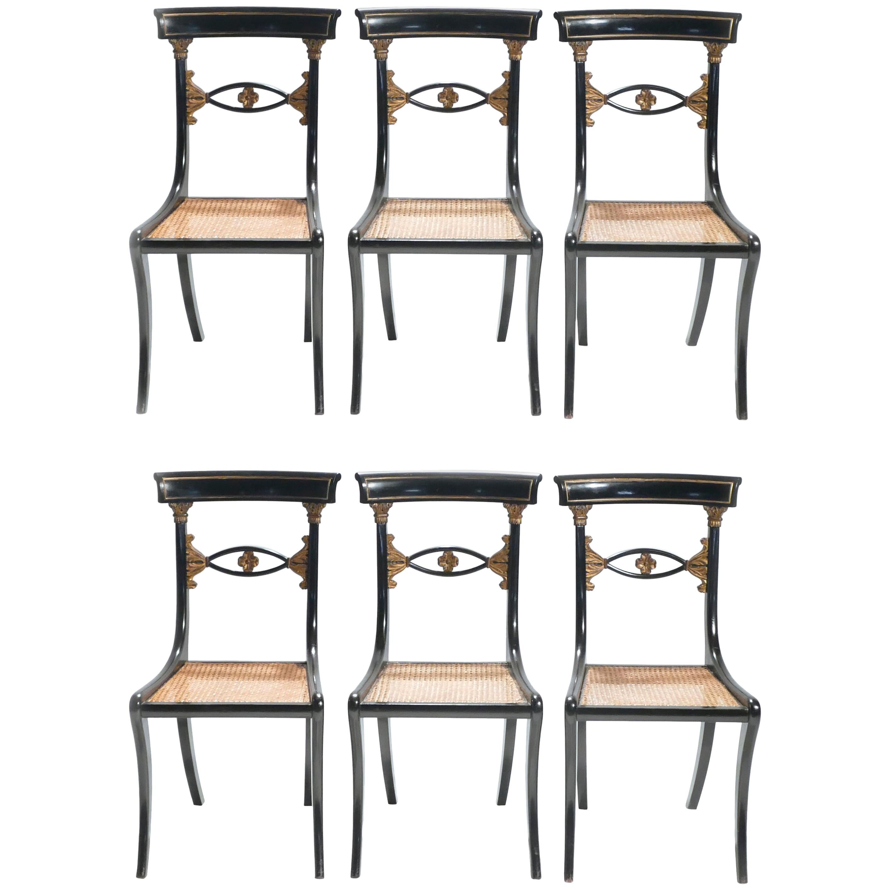 Set of Six French Maison Jansen Ebonized Chairs Directoire Style, 1940s