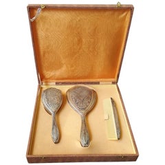Vintage 20th Century Silver Beauty Set with Air Brush, Comb and Mirror, 1940s