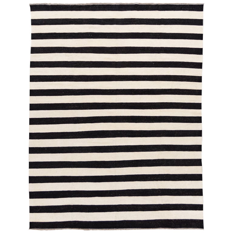 Contemporary Black and White Striped Kilim FlatWeave Wool Rug For Sale