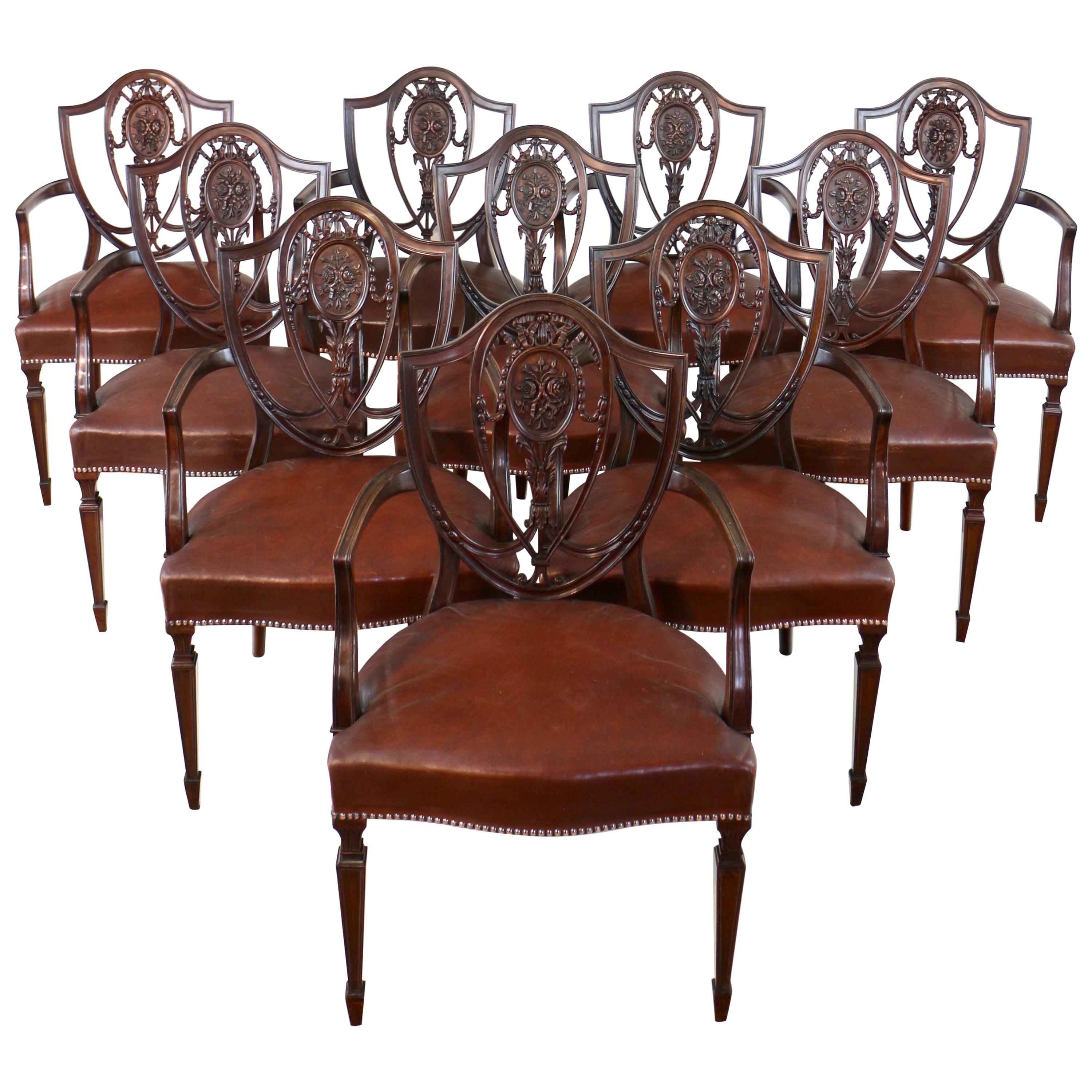 Set of 10 Antique English Victorian Hepplewhite Design Carver Dining Chairs
