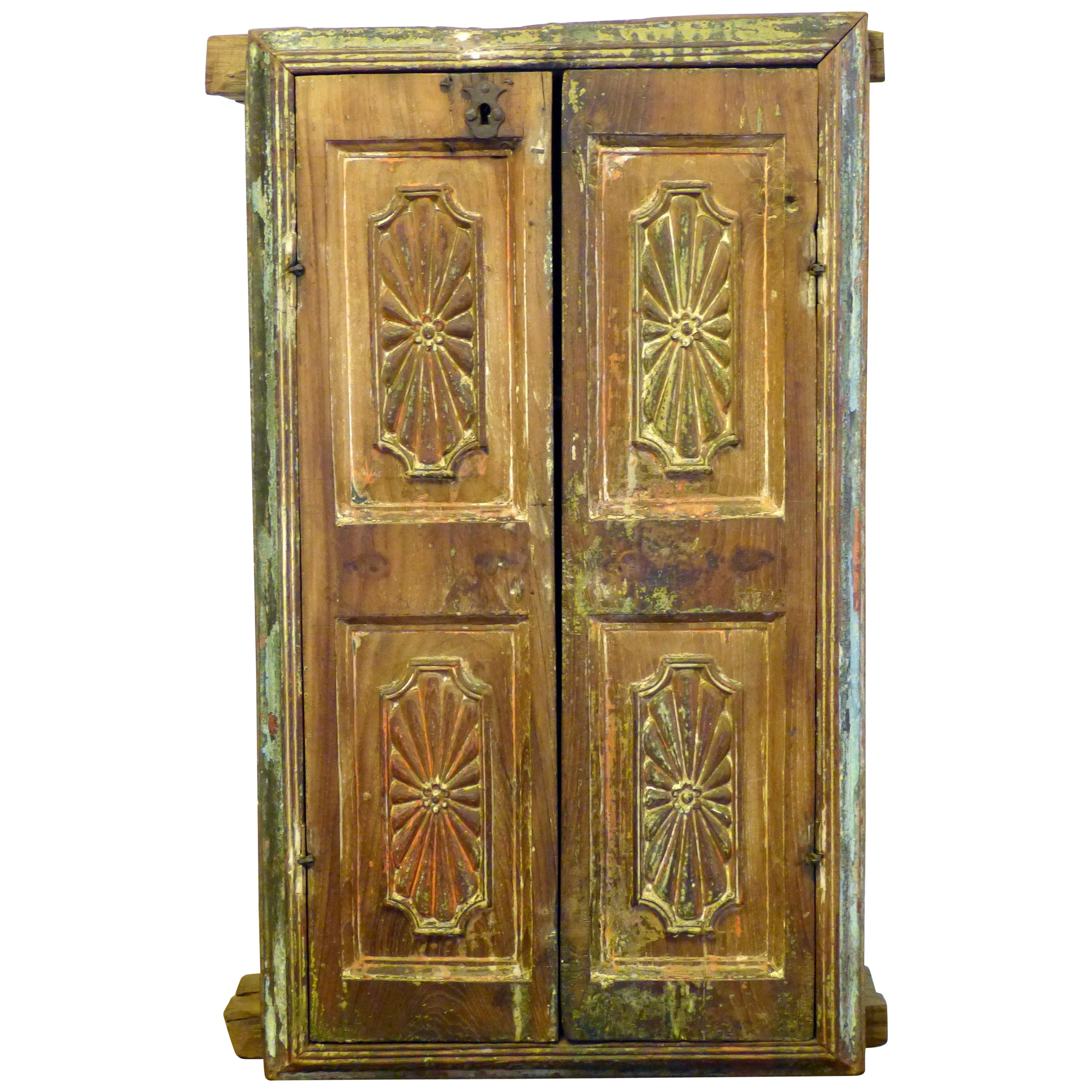 Antique Mexican Colonial Wood Wall Cabinet 18th Century Made in Puebla Mx.  For Sale at 1stDibs