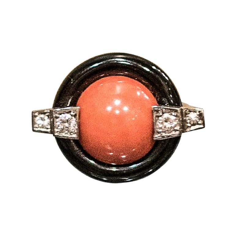 Art Deco French Light Coral , Onyx , Diamonds and Gold Ring, 1930
