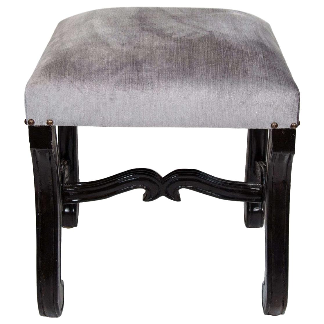 Hollywood Regency Velvet Stool with Carved Wood Base