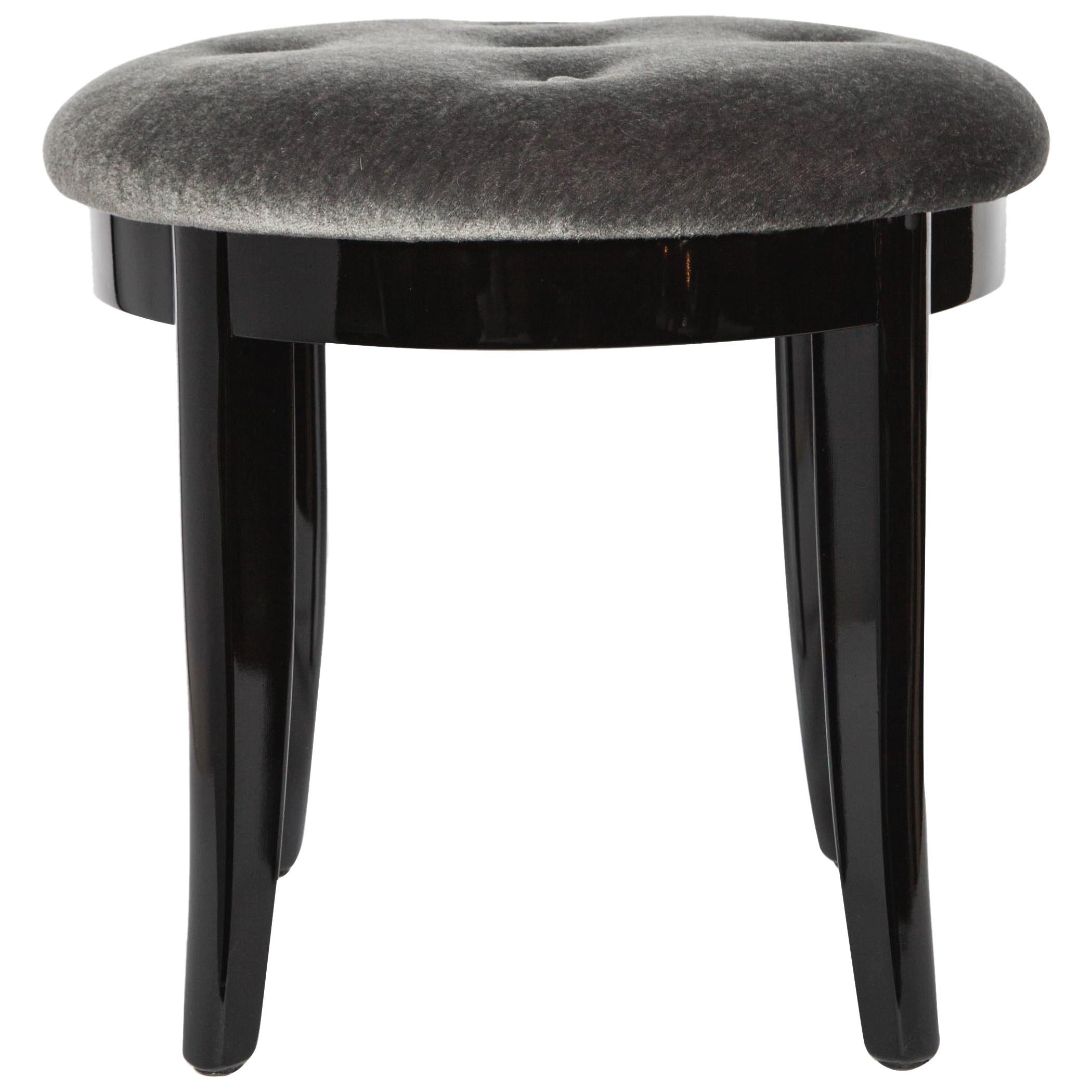 Elegant Art Deco Vanity Stool in Black Lacquer and Grey Mohair