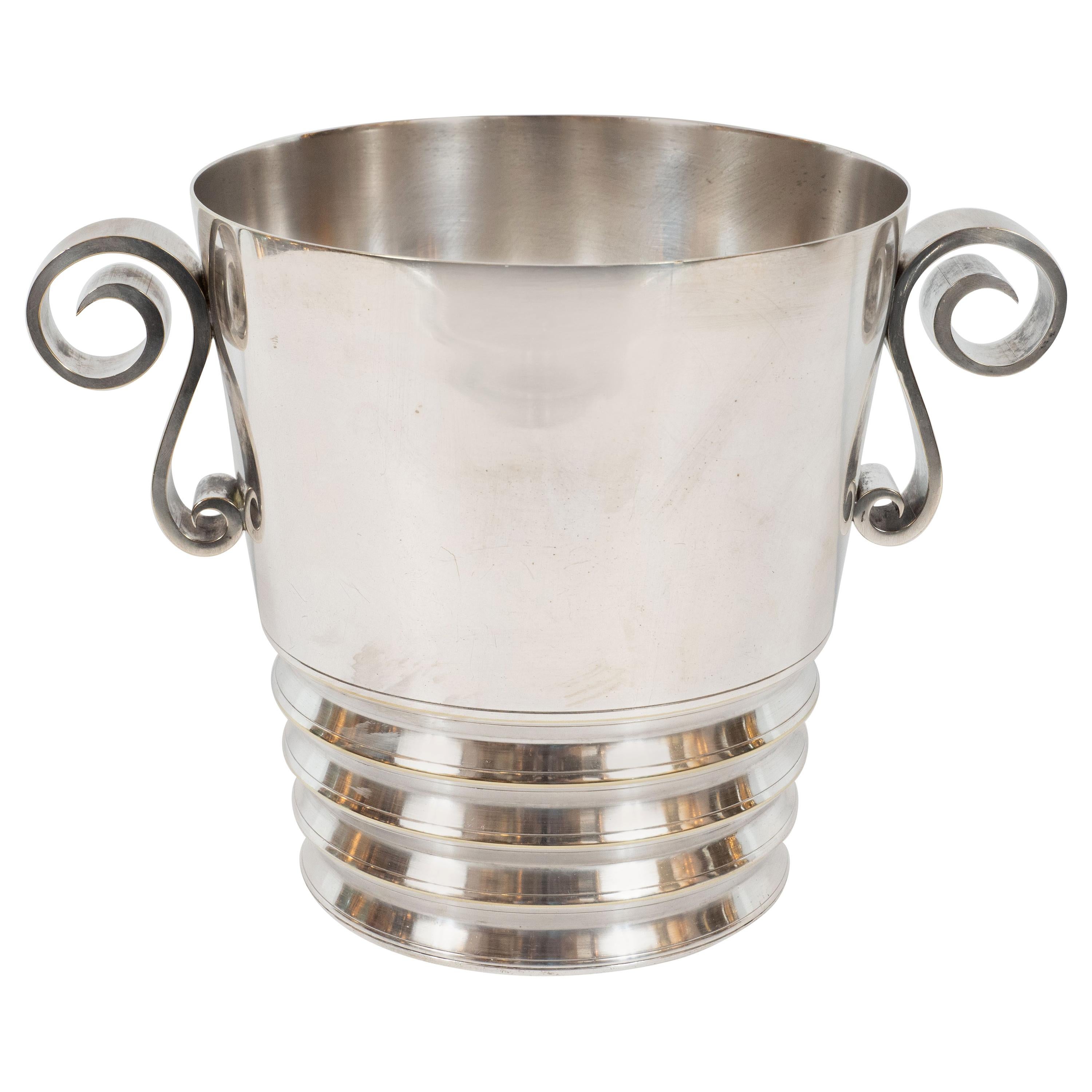 Art Deco French Silver Plated Ice Bucket with Scroll Handles