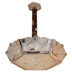 Signed Art Deco Cubist Frosted Glass and Nickeled Bronze Chandelier by Degué