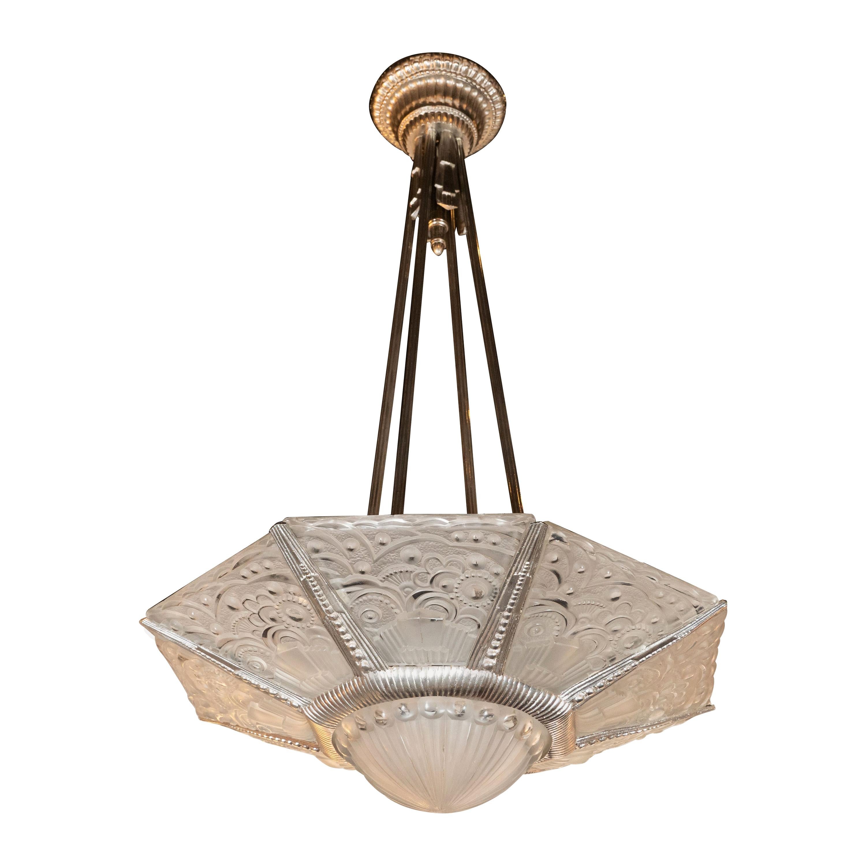 Art Deco Cubist Silvered Bronze and Frosted Glass Chandelier by Georges Leleu