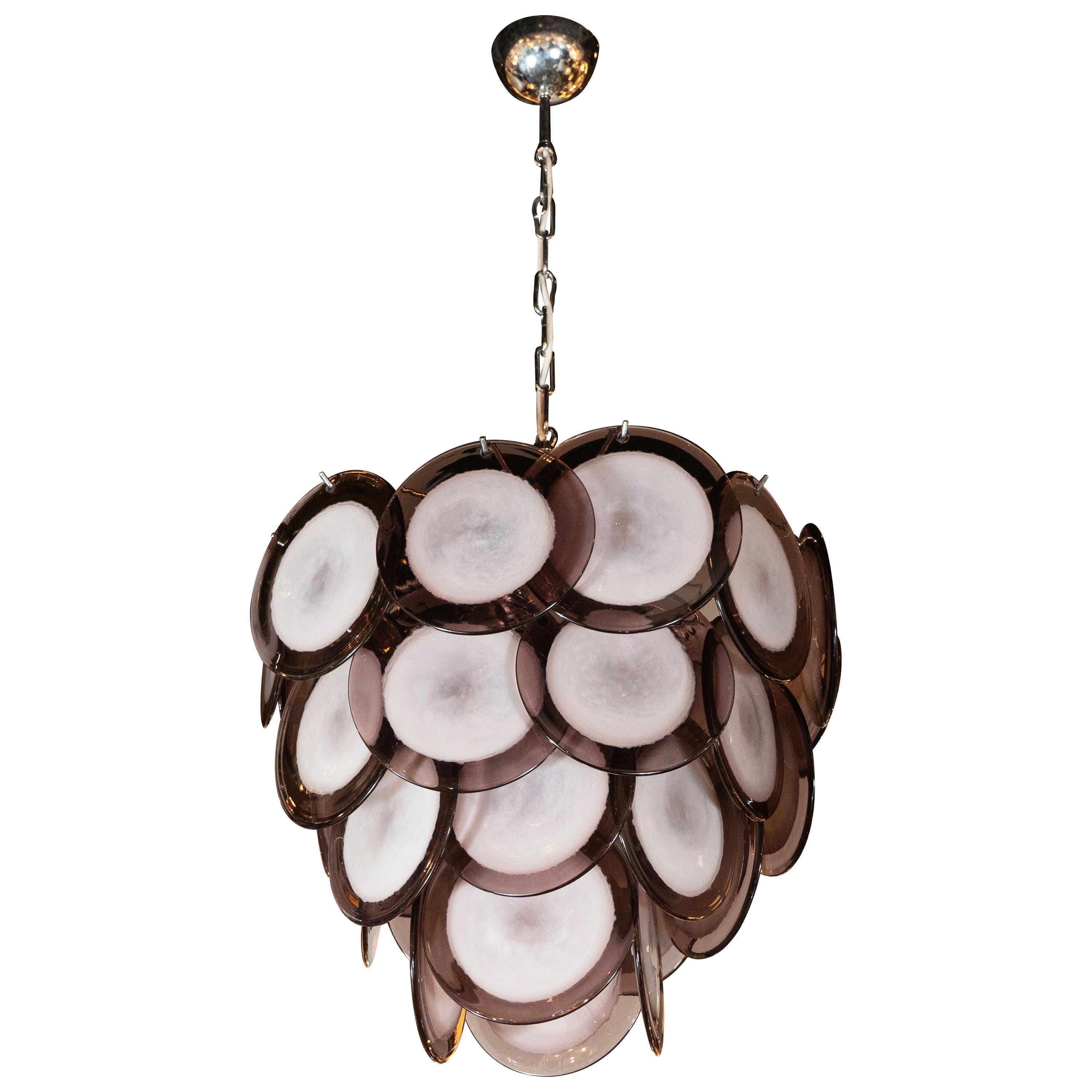 Modernist Amethyst Handblown Murano Glass Disc Chandelier with Chrome Fittings