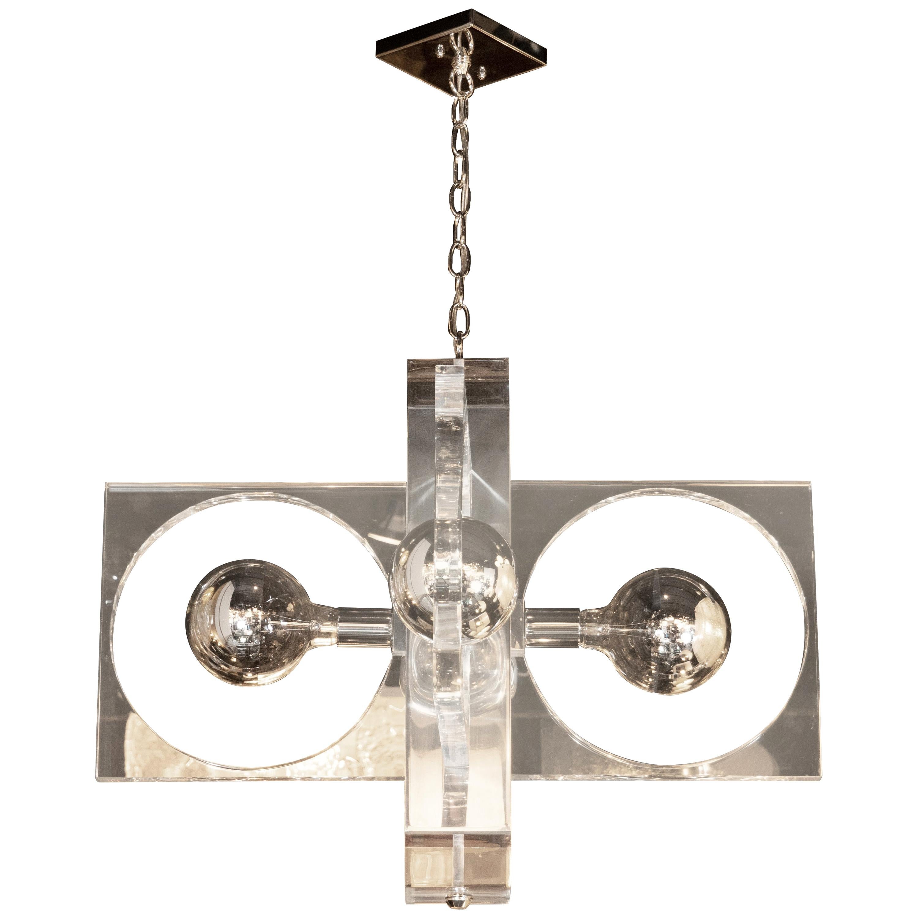 Mid-Century Modern Rectilinear Lucite and Chrome Chandelier