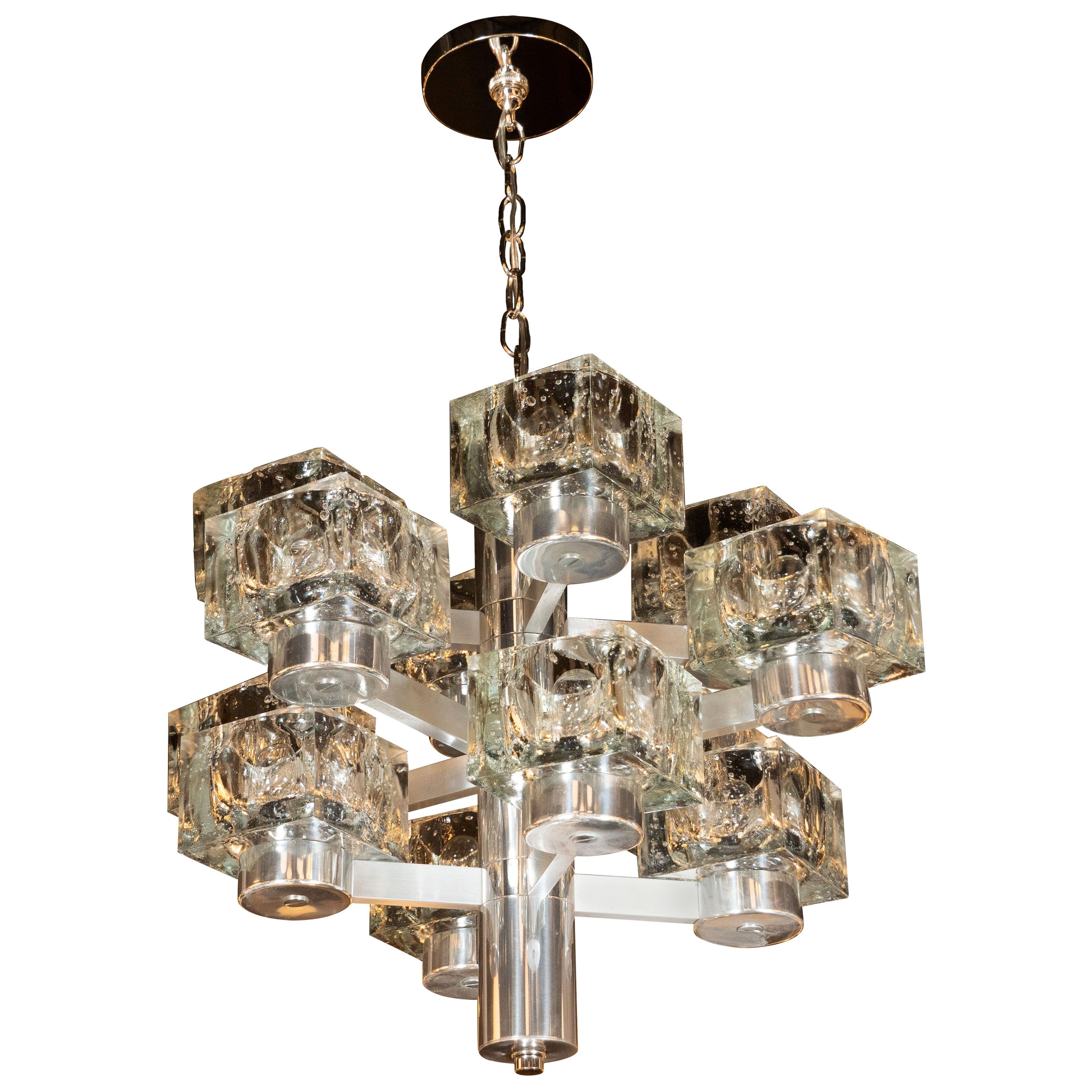 Mid-Century Modern Twelve Cube Glass Chandelier with Chrome Fittings by Sciolari