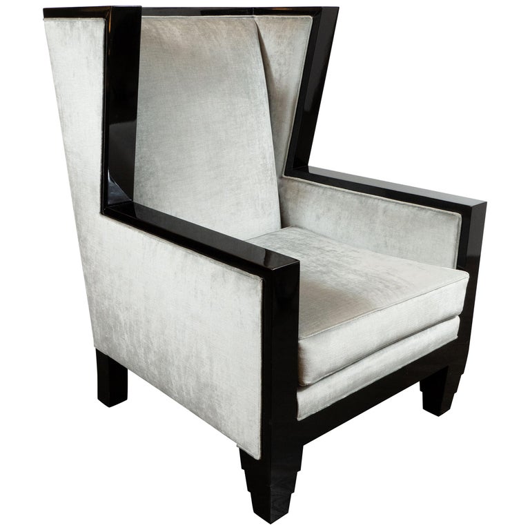 Art Deco Revival Black Lacquer and Platinum Velvet High Back Chair by