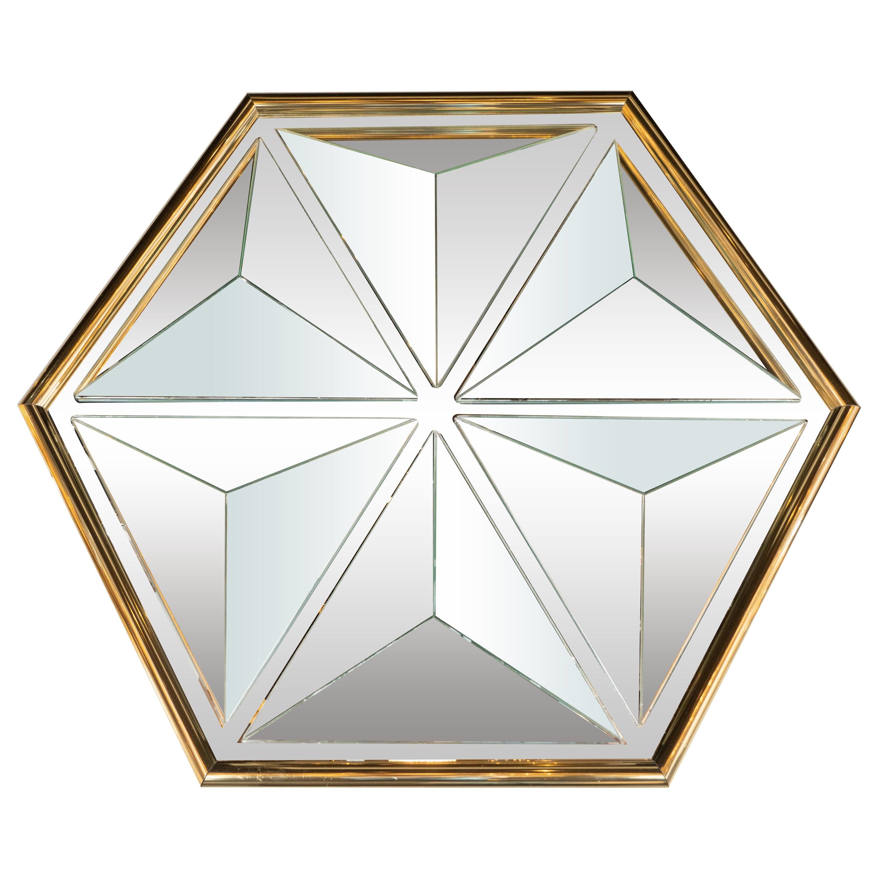 Mid-Century Modern Sculptural Hexagonal Brass Mirror with Raised Pyramidal Forms
