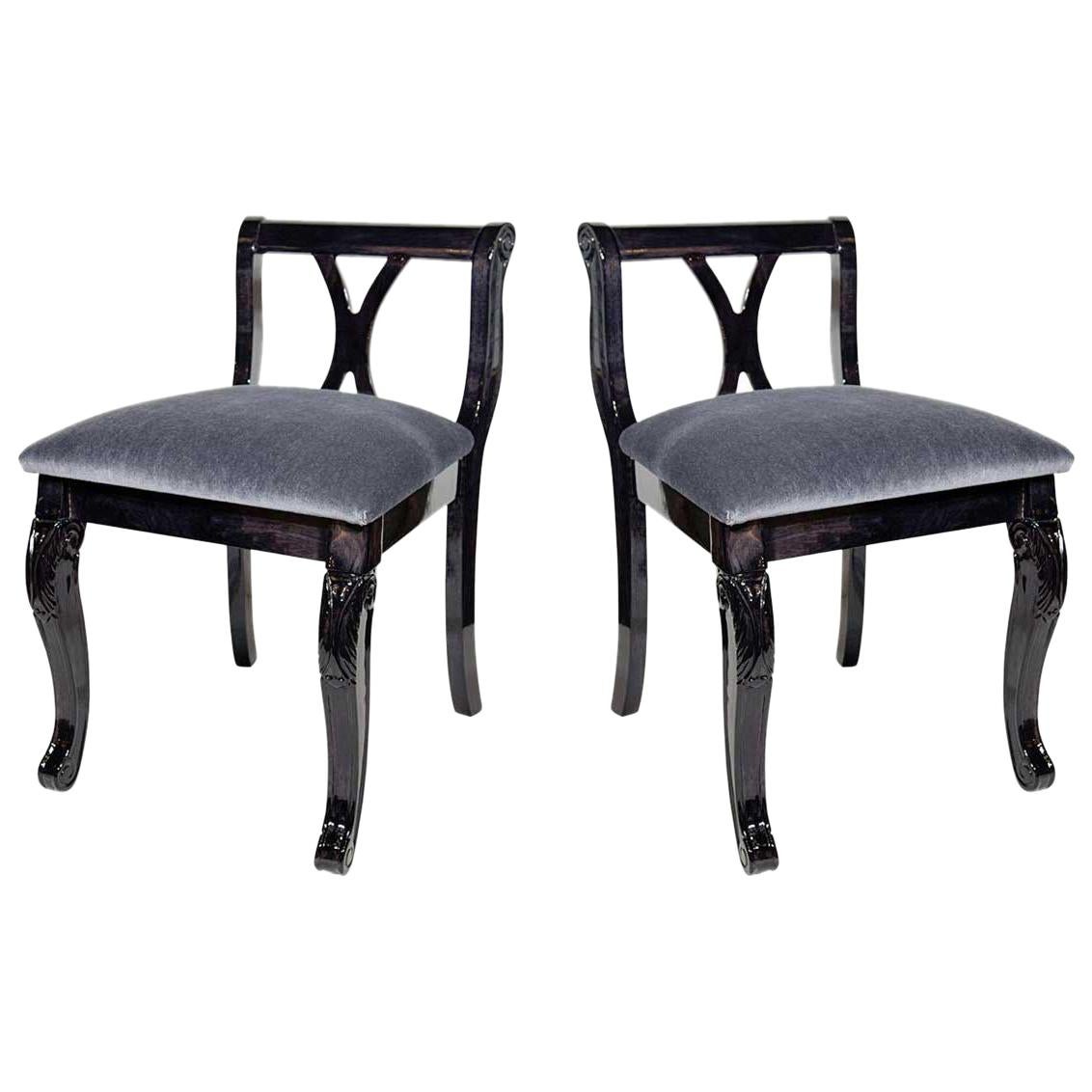 Pair of Art Deco Vanity Chairs in Mohair and Ebonized Walnut at 1stDibs