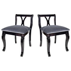 Pair of Art Deco Vanity Chairs in Mohair and Ebonized Walnut