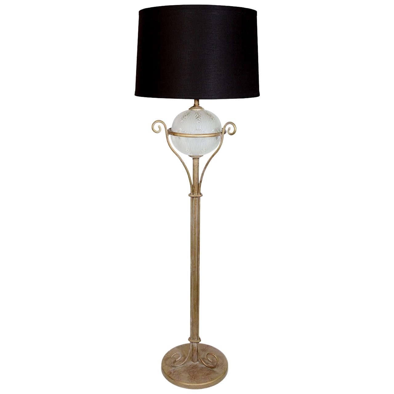 Gilded Art Deco Floor Lamp with Frosted Art Glass Globe, circa 1940 