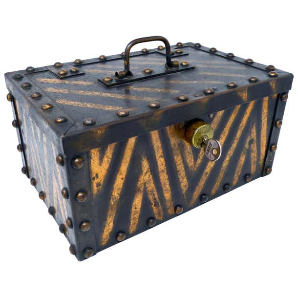 Vintage Antique Japanned Finish Copper Lock Box Personal Safe With Key ...