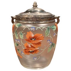 Early 20th Century Silver Plated and Painted Frosted Glass Candy Jar with Lid