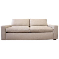 Custom Made Linen Upholstered Down Filled Sofa with Modern Square Arm