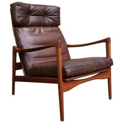 Swedish High Back Brown Leather Teak Easy Chair by Ib Kofod-Larsen for OPE 1960s