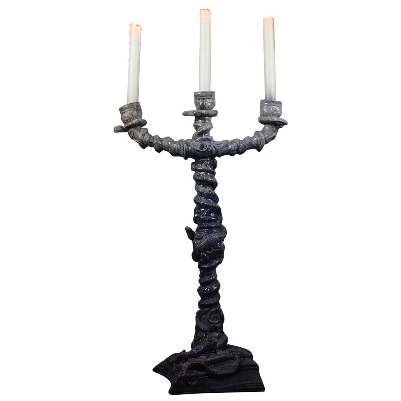 20th Century Huge Ceramic Candelabra in the Manner of Palissy Serpents Lizards