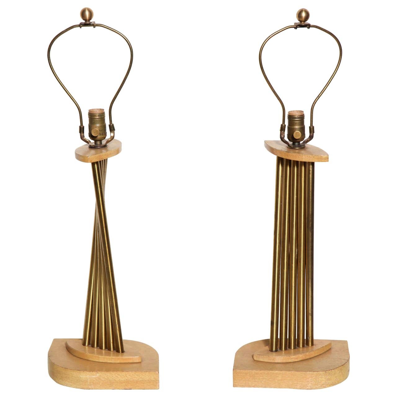 Pair of Russel Wright Style Bleached Oak & Brass Accordion Table Lamps, 1950s For Sale