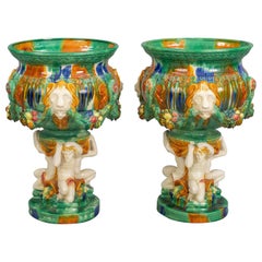 Pair of Majolica Pedestal Jardinières