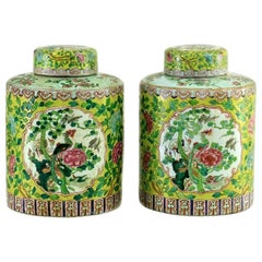 Late 19th Century Pair of Chinese Hand Painted Porcelain Ginger Jars with Lid