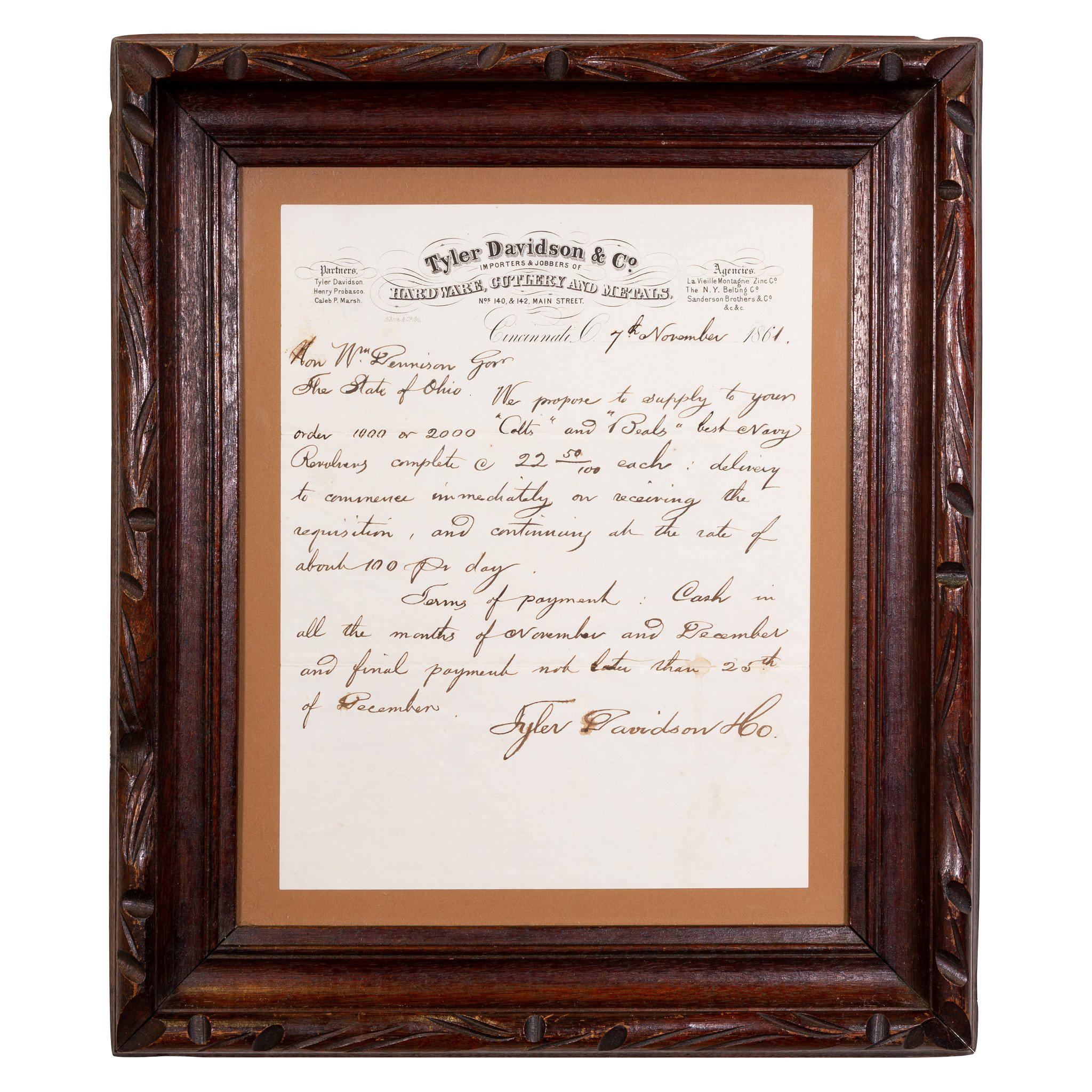 Colt Distributors Quill Letter to Governor Beginning of Civil War, 1861