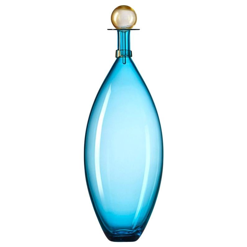 Large Handblown Glass Bottle, Turquoise Blue, Gold Leaf by Vetro Vero, in Stock For Sale