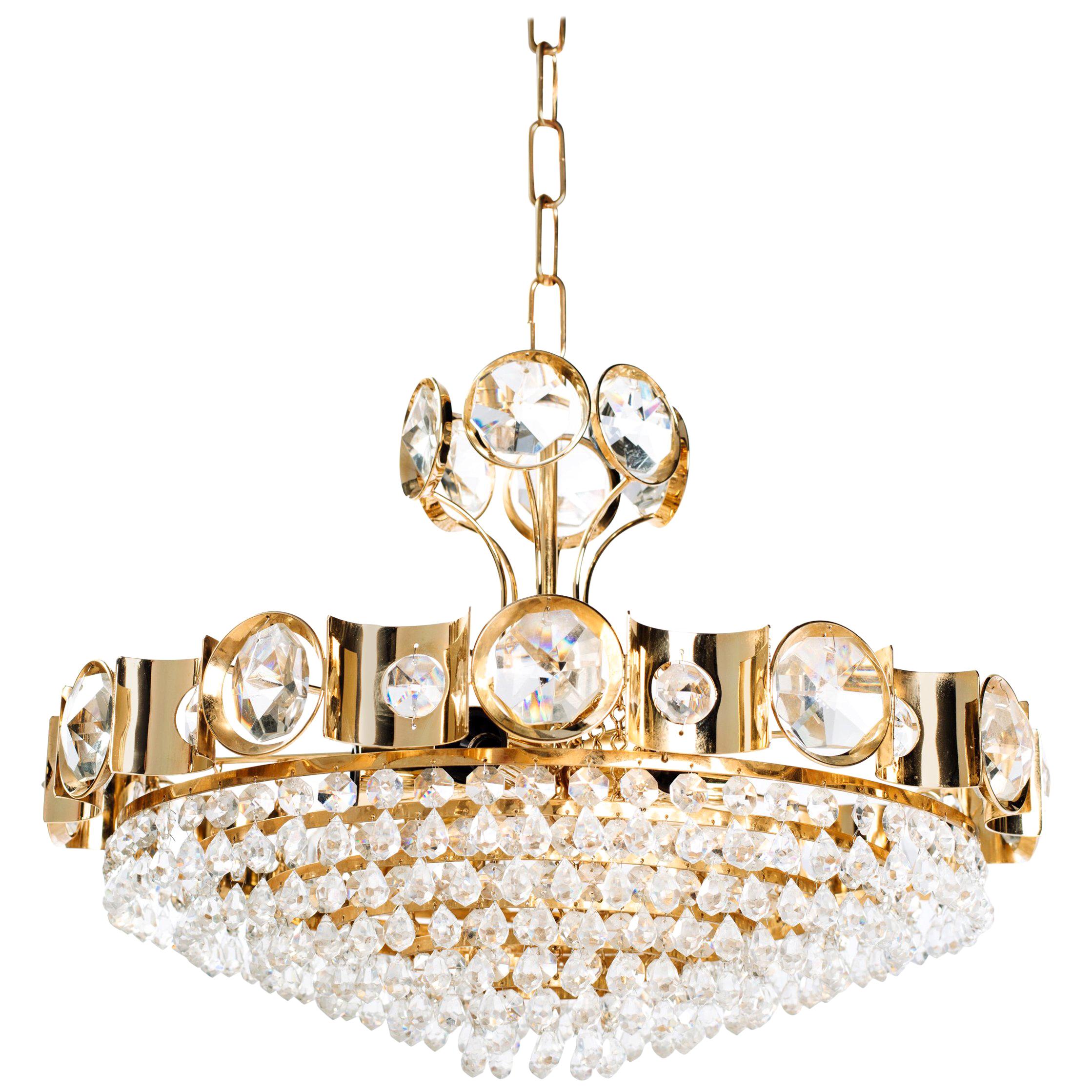 Mid-Century Modern Jeweled Cut Crystal and Gold Chandelier by Lobmeyr