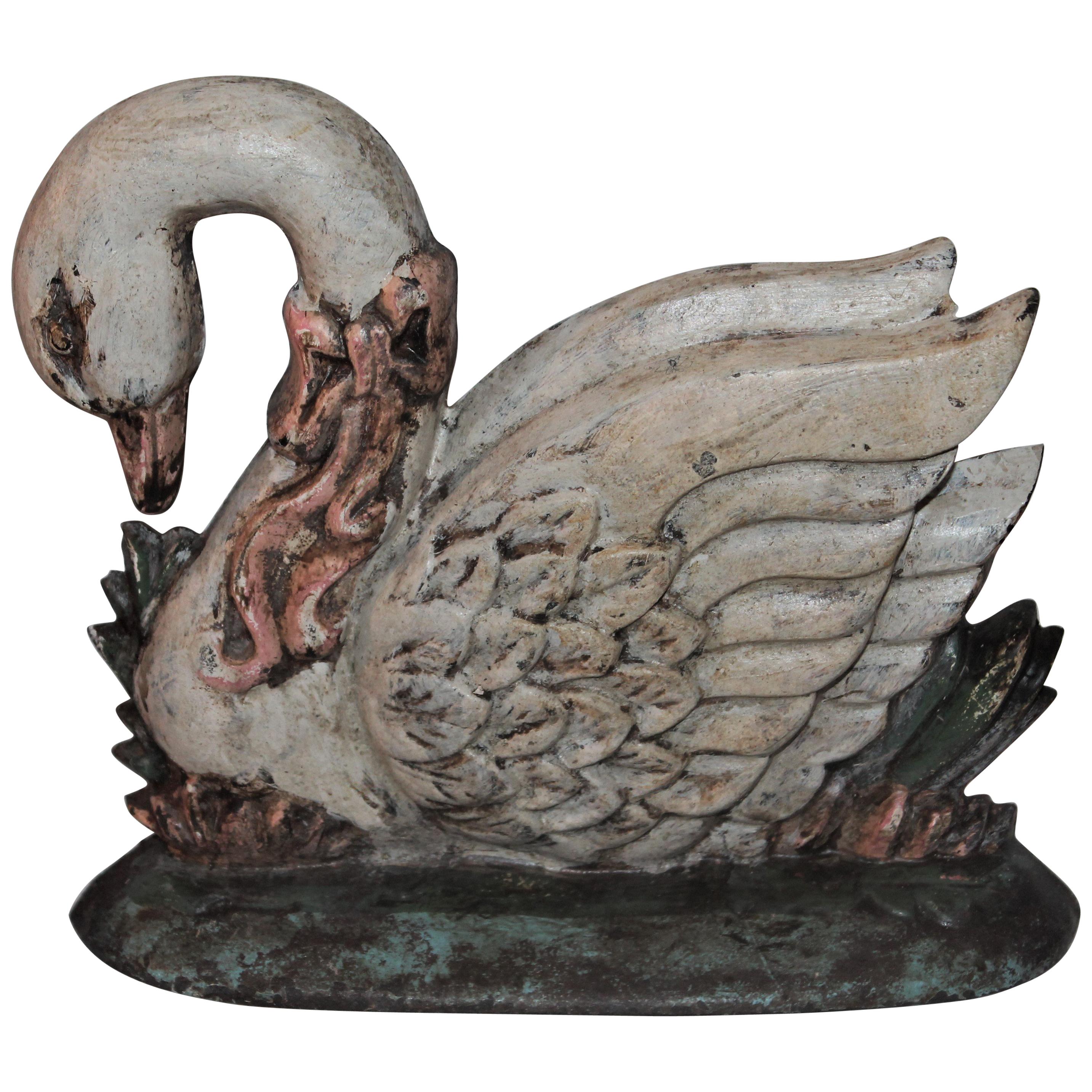 Original Painted Swan Iron Door Stop For Sale