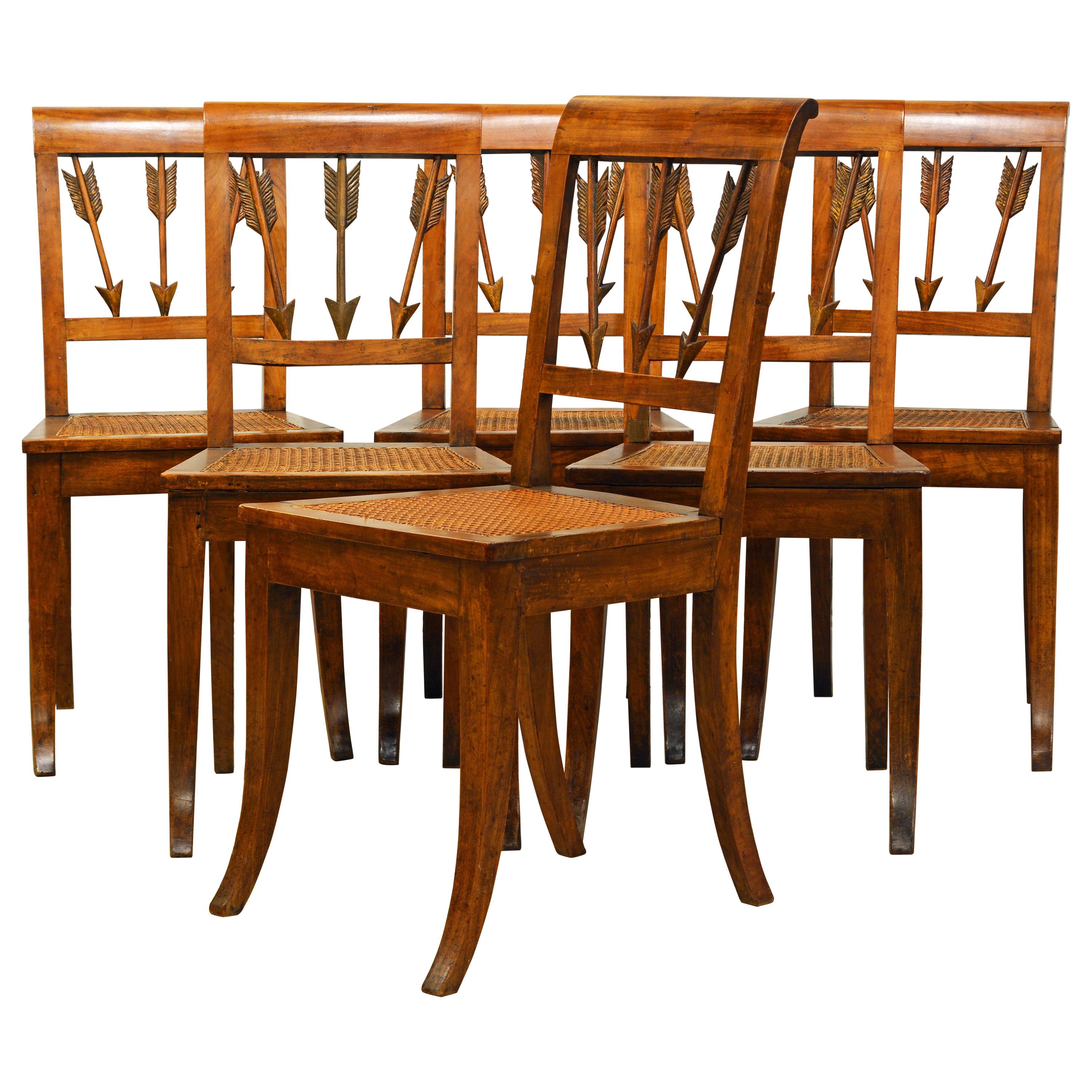 Six Early 19th Century Italian Neoclassical Fruitwood Arrow Back Klismos Chairs