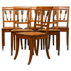 Antique Six Early 19th Century Italian Neoclassical Fruitwood Arrow Back Klismos Chairs