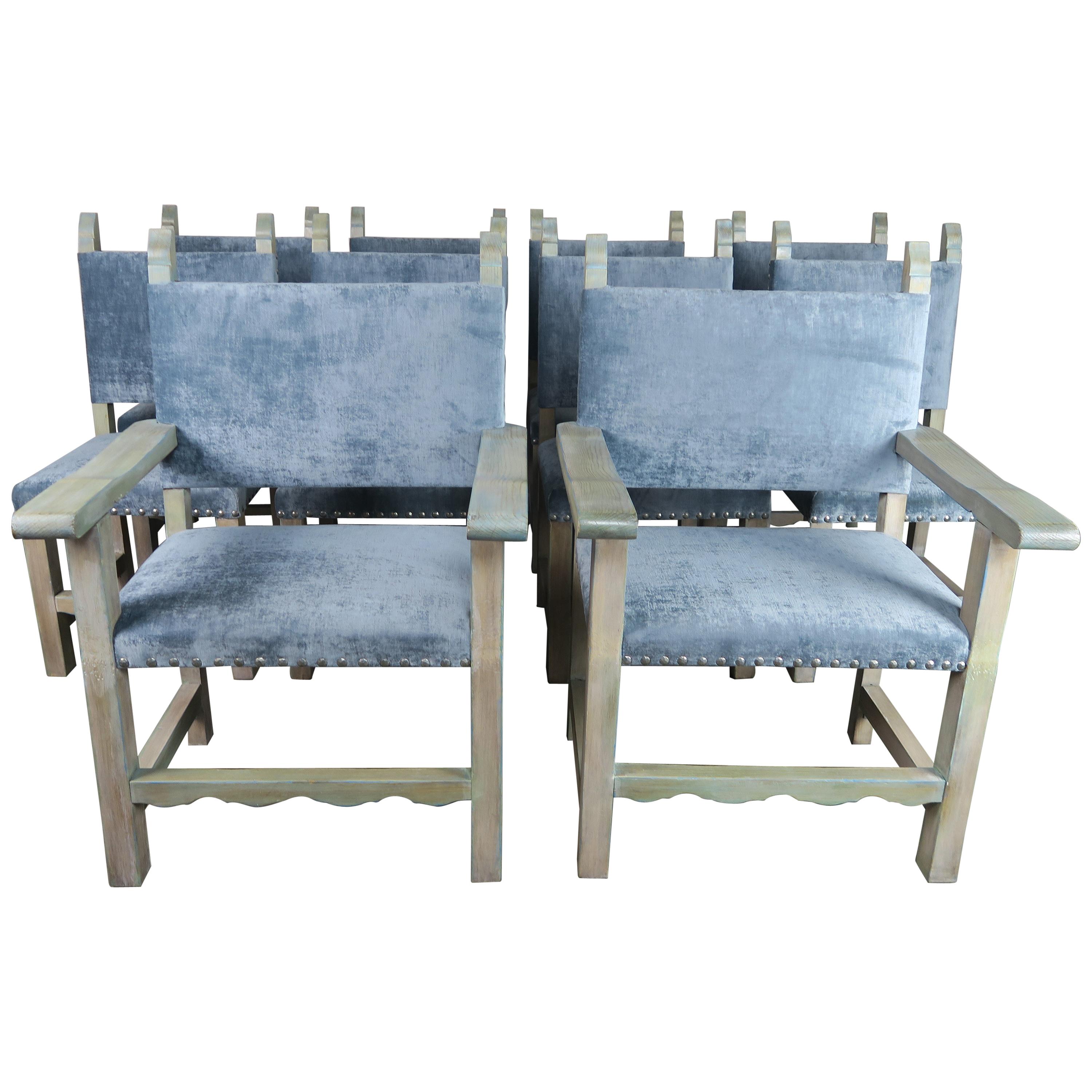 Set of 10 Spanish Painted Walnut Dining Chairs with Aqua Velvet Upholstery For Sale