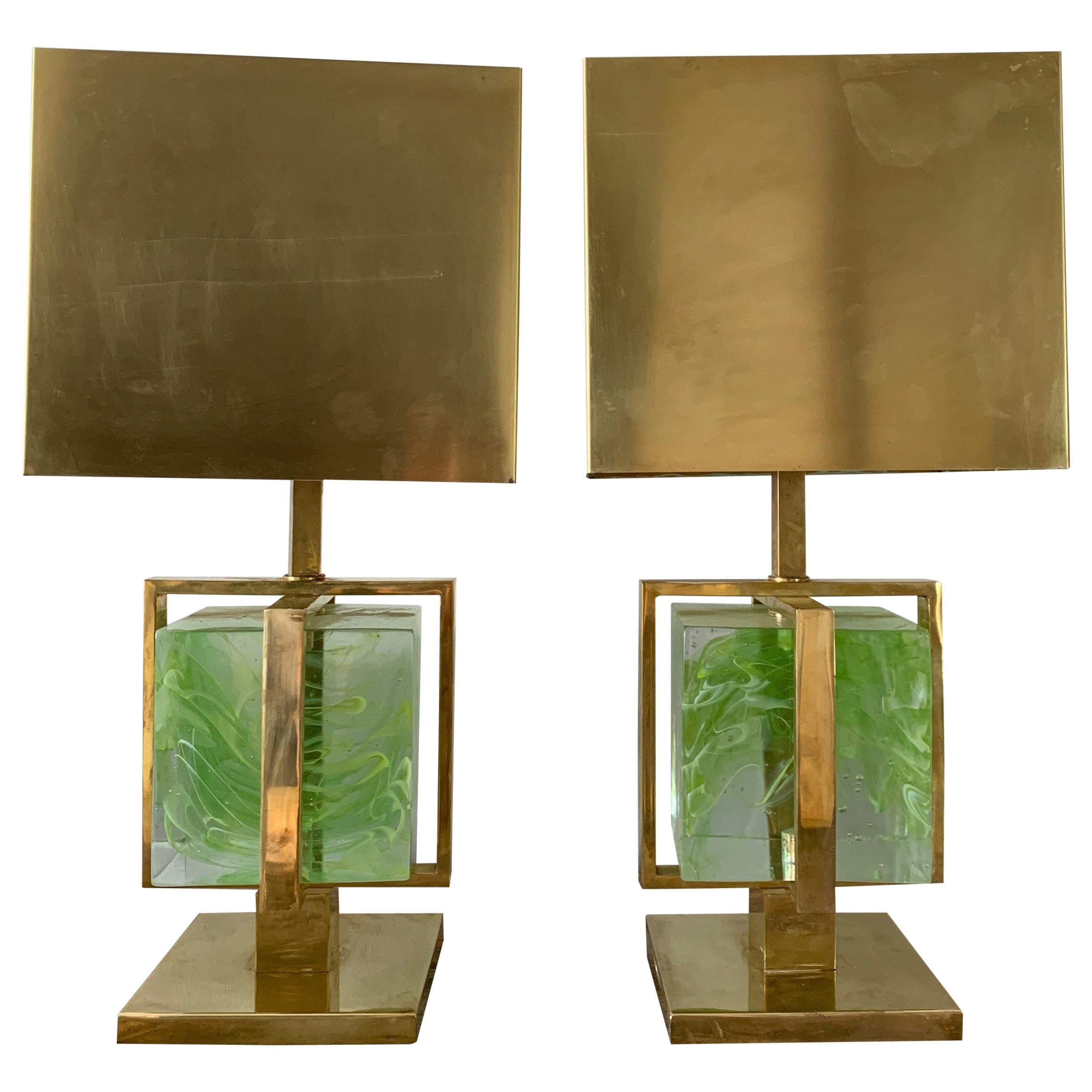 Murano Italian Green Apple Glass Block Brass Lamps