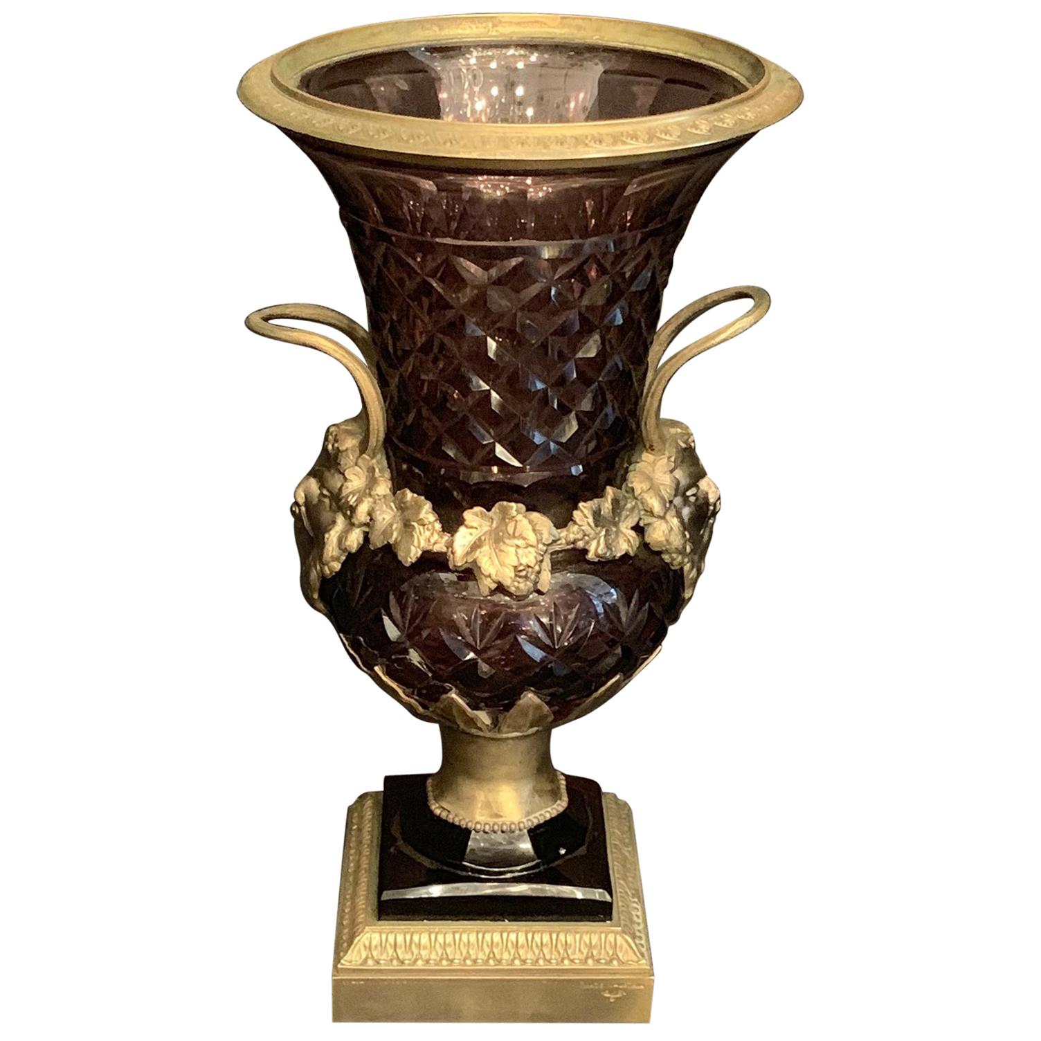 Wonderful Austrian Amethyst Cut Crystal Bronze Ormolu Mounted Vase Handle Urn