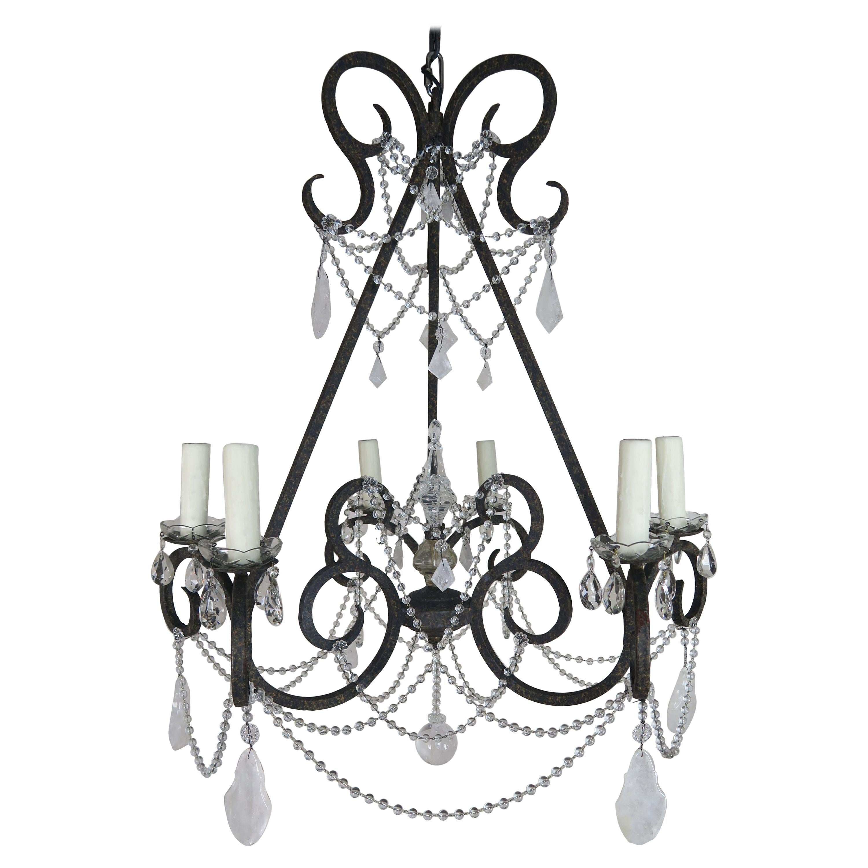 Six-Light Rock Crystal Wrought Iron Chandelier For Sale